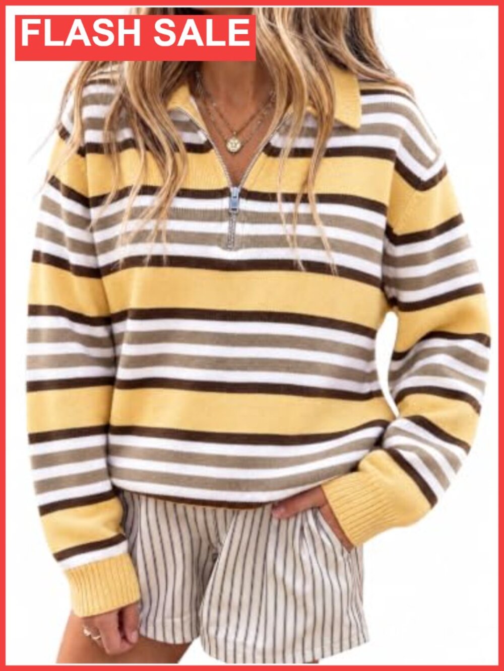 Womens Quarter Zip Striped Sweater Collared Long Sleeve Pullover Top
